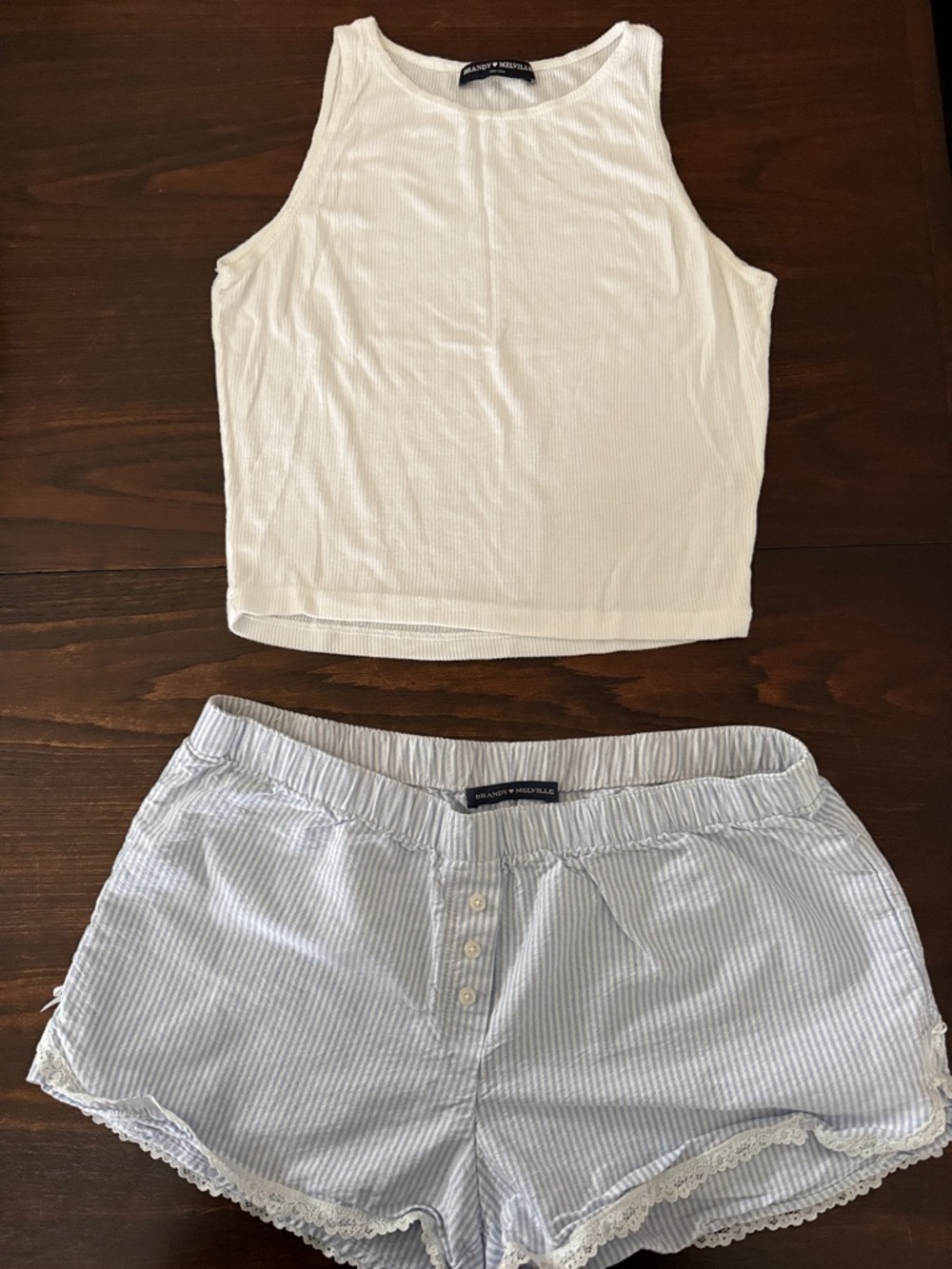Brandy Melville White Tank & Blue and White Striped Short Set